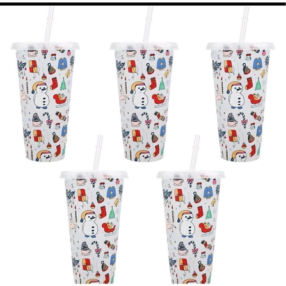 Christmas Color Changing Cups 5 Pcs Plastic Xmas Cups Reusable Travel Lids Straw